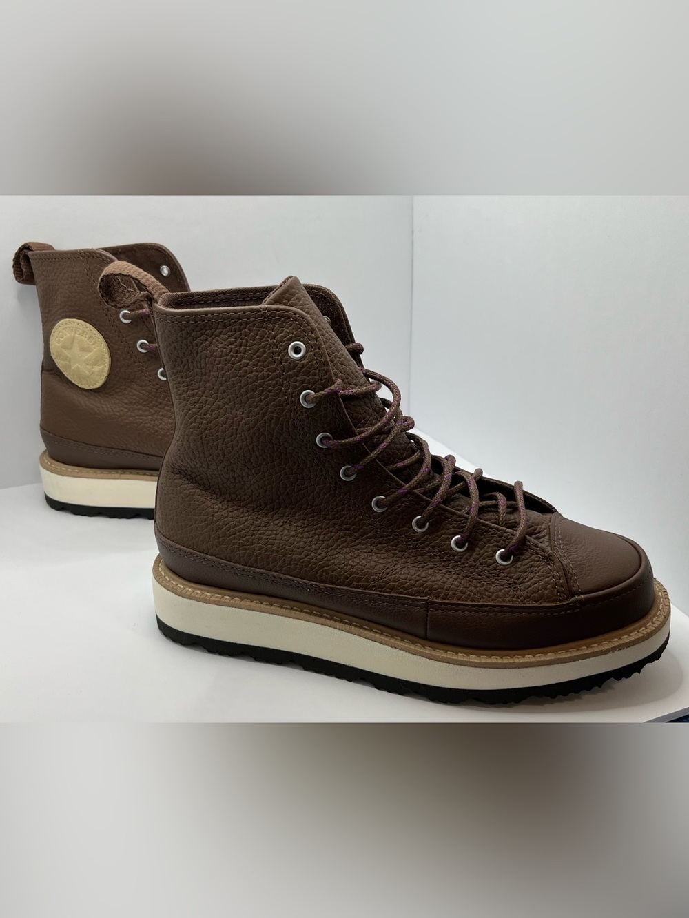 MINT Converse Brown Leather Lace-Up High-Top Boots with Purple-Accent Laces 7
